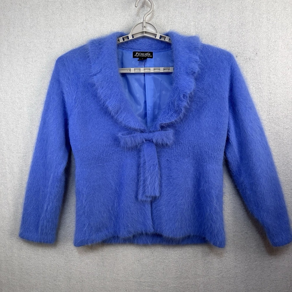 VTG Venessa Angora Blend Cardigan Women's Large Fuzzy Blue
